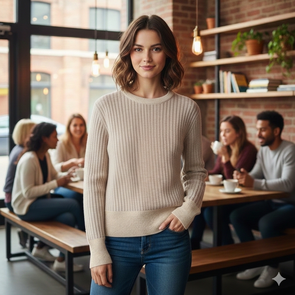 Frank + Oak Women's Neutral Minimalist Cream Ribbed Knit Crewneck Swetaer Size S - Picture 1 of 5